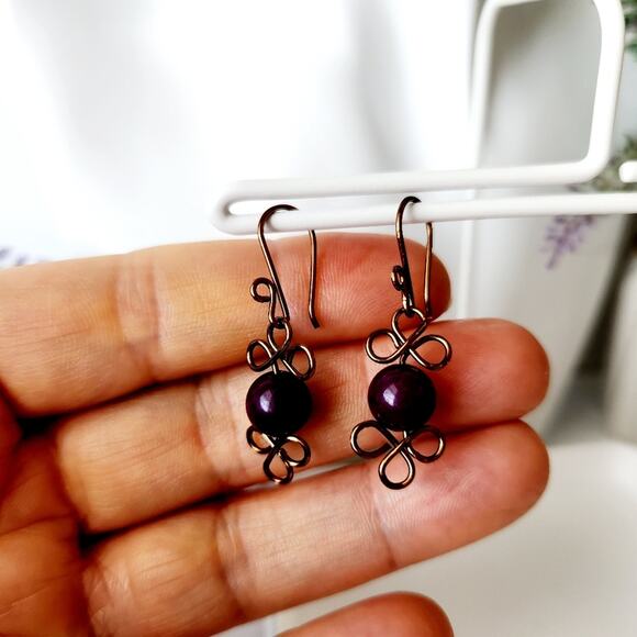Purple Dyed Quartz Stone Beads Copper Wire Wrap Drop Earrings - Picture 7 of 10